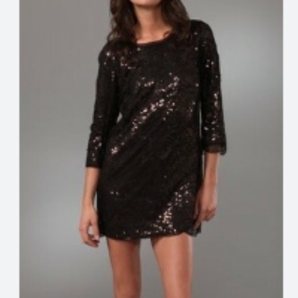 Joie Copper Black & Copper Sequin Crew Neck 3/4 Sleeves Shift Mini Dress Size XS